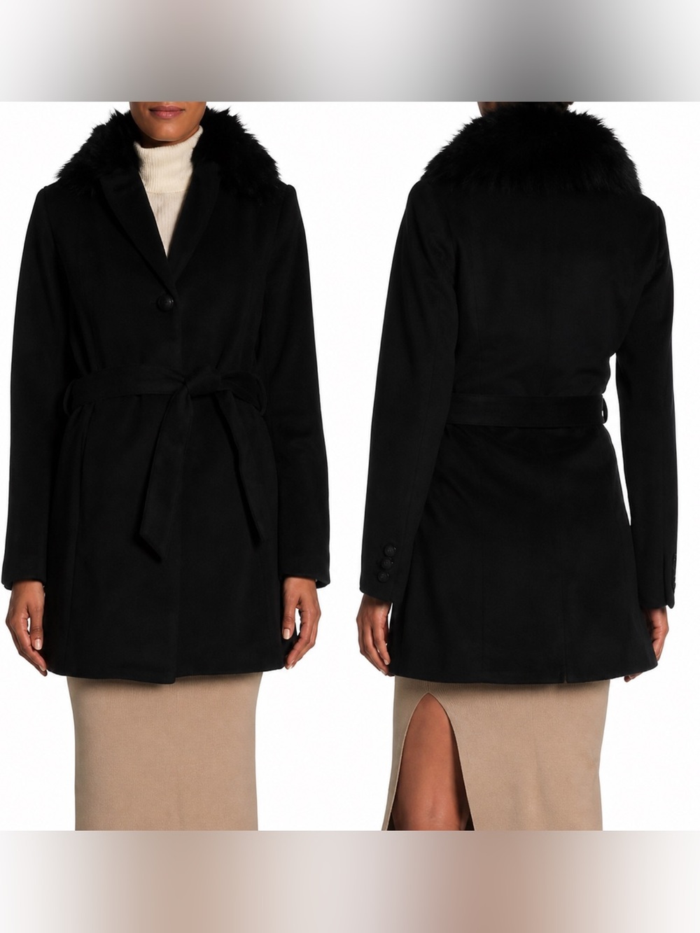 Andrew Marc Black Wool Blend Fox Fur Hooded Belted Coat NWT 12 - Picture 2 of 8